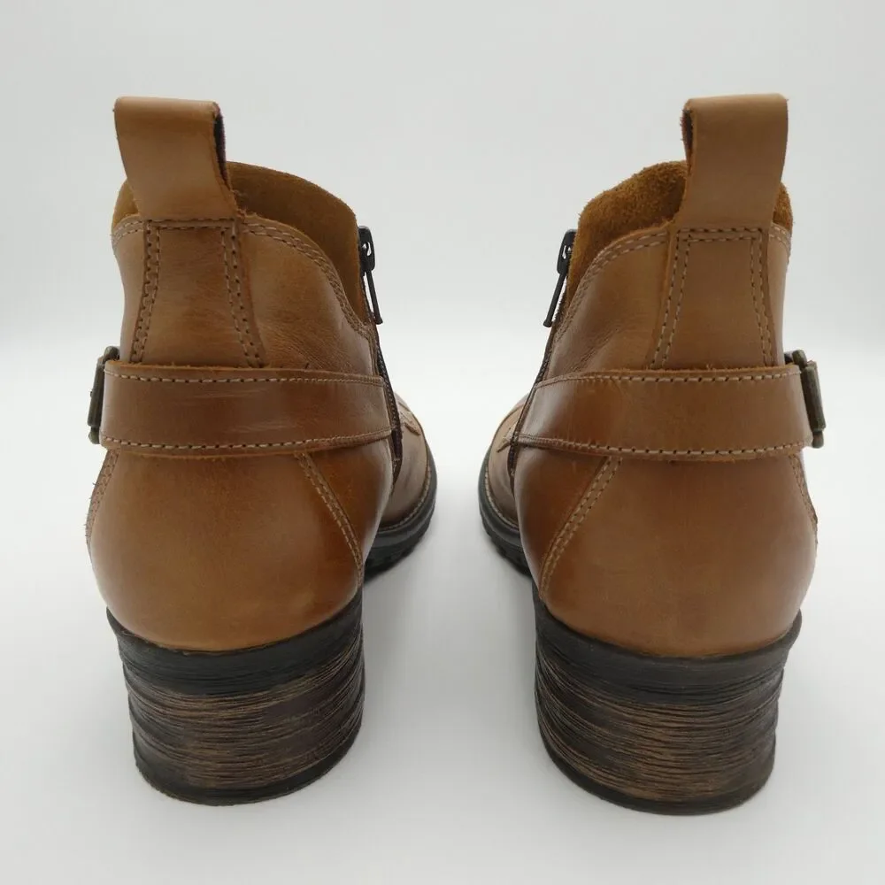 Taos Mini Crave Women's 9-9.5 Leather Zip Lace Ankle Boots Cognac Buckle Moto Bo